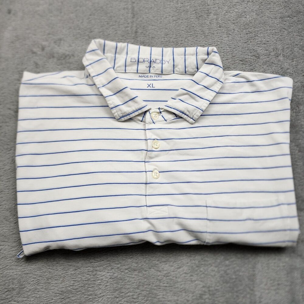 B Draddy Mens XL Polo White Blue Striped Pima Cotton Blend Golf Casual Shirt